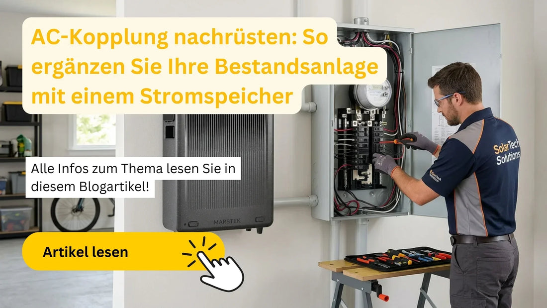 Techniker rüstet AC-gekoppelten Stromspeicher an bestehender PV-Anlage nach