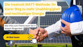 Zwei Menschen schütteln sich vor Solaranlagen die Hand, Symbol für Zusammenarbeit im Bereich erneuerbare Energien.