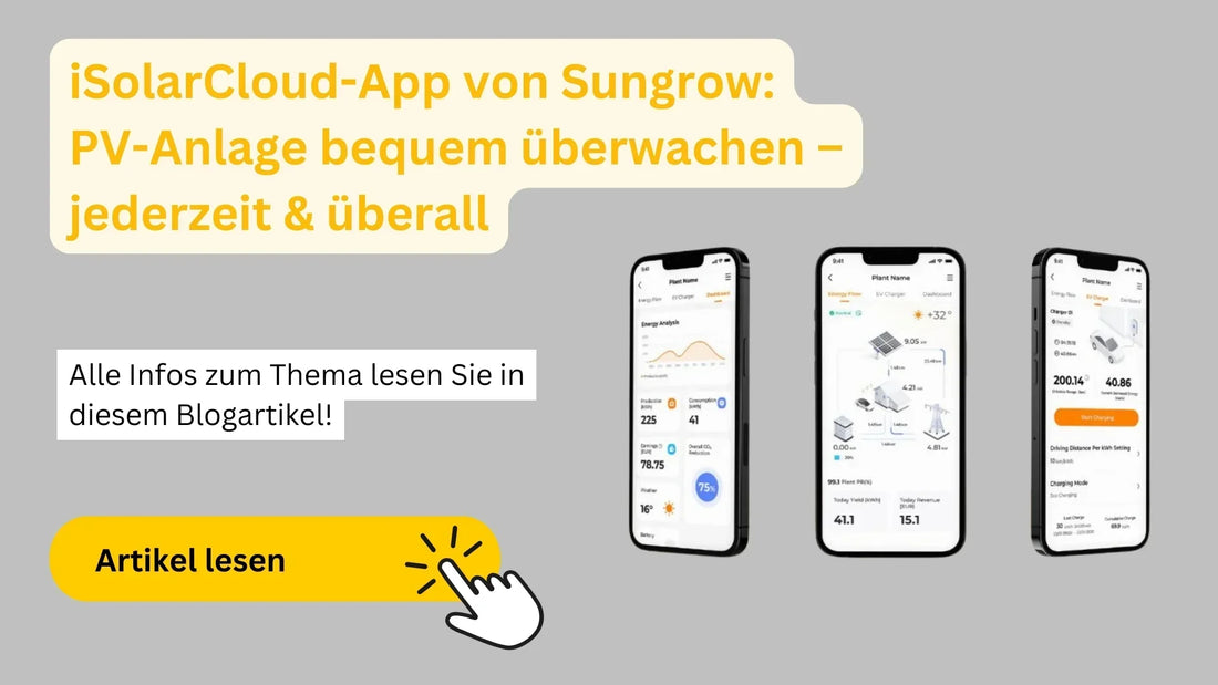 Banner zur iSolarCloud-App von Sungrow mit CTA „Artikel lesen“