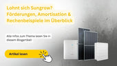 Titelbild zum Artikel „Lohnt sich Sungrow?“ mit PV‑Modulen, Wechselrichter und Batteriespeicher
