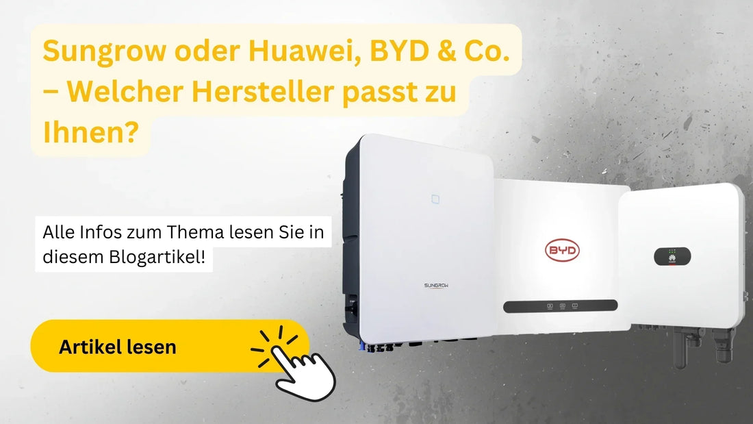 Titelbild mit Wechselrichtern von Sungrow, BYD und Huawei