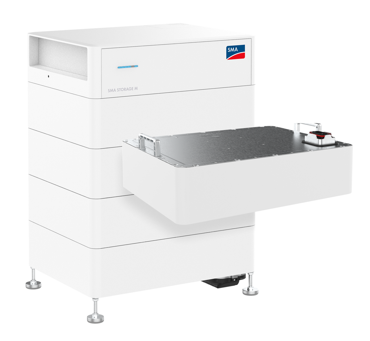 SMA Storage M Batteriespeicher mit herausgezogenem Batteriemodul, Freisteller