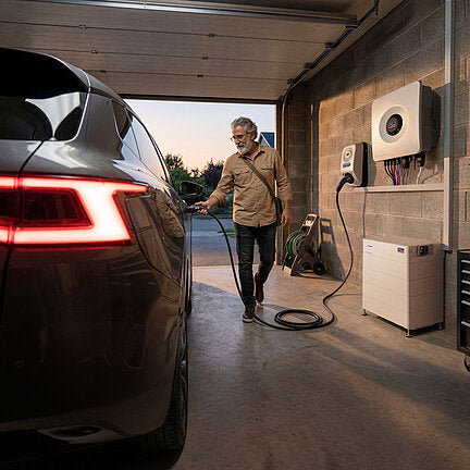Sunny Tripower Hybrid X an der Garagenwand montiert, mit Batteriespeicher und Wallbox