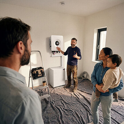 Installateur erklaert einer Familie den an der Wand montierten Sunny Tripower Hybrid X